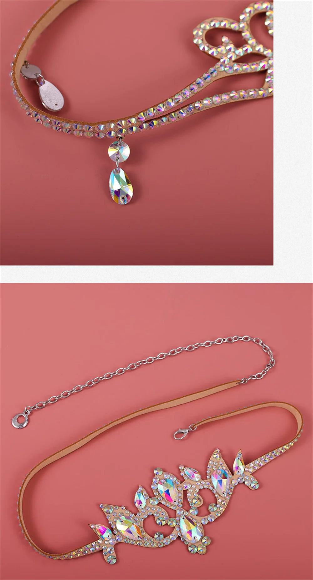 Rhinestone tiara headband with teardrop gems and gold strap on pink background