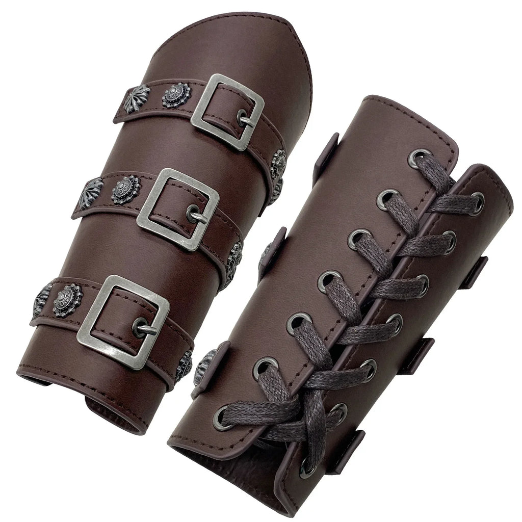 Brown faux leather bracers with buckles and lacing, medieval costume accessory