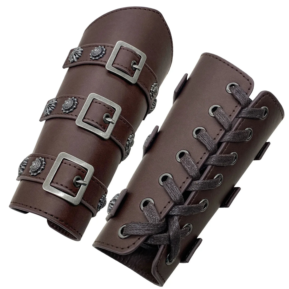 Brown faux leather bracers with buckles and lacing, medieval costume accessory