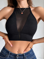 Ribbed Mesh Camisole Crop Top – Sexy Backless Bralette for Casual Fashion