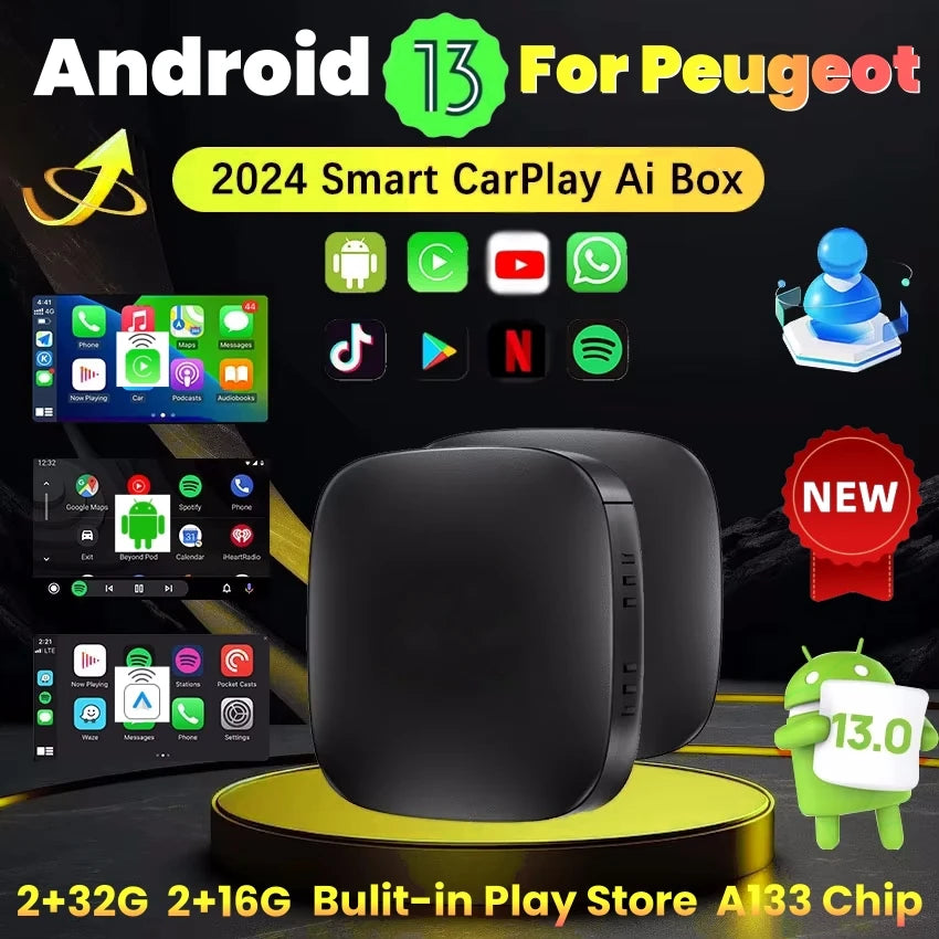 Wireless Carplay AI Box – Android 13 Multimedia Adapter for Peugeot Vehicles