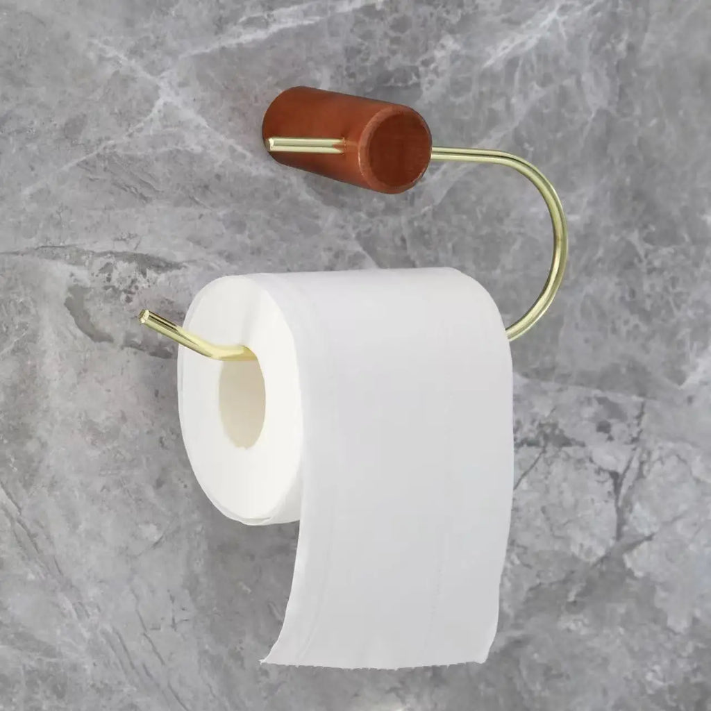 Self-Adhesive Brass Toilet Paper Holder – Wall Mounted Wood Tissue Rack for Bathroom