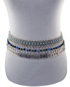 Boho silver waist chain with blue beads and dangling coins, belly dance accessory