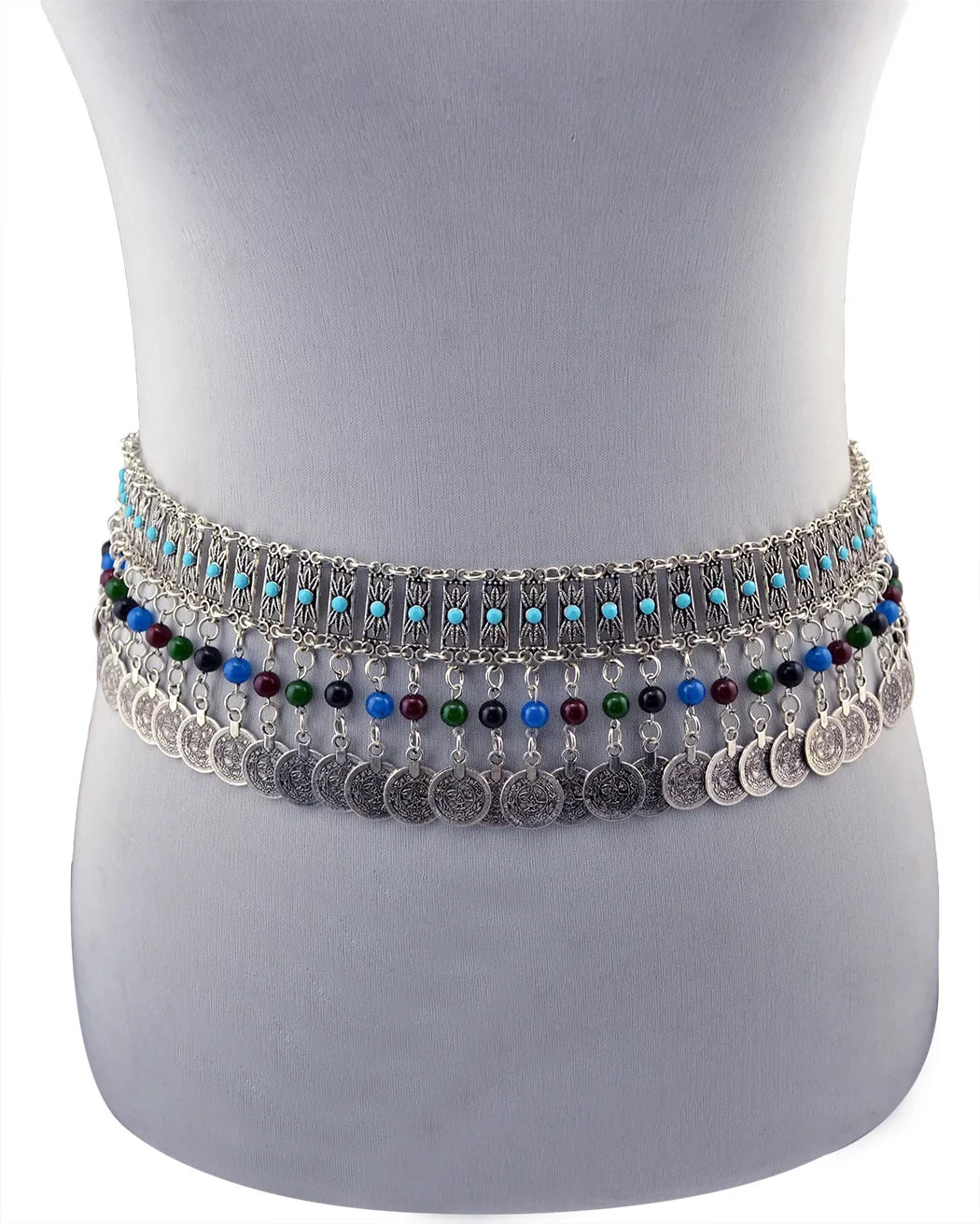 Boho silver waist chain with blue beads and dangling coins, belly dance accessory