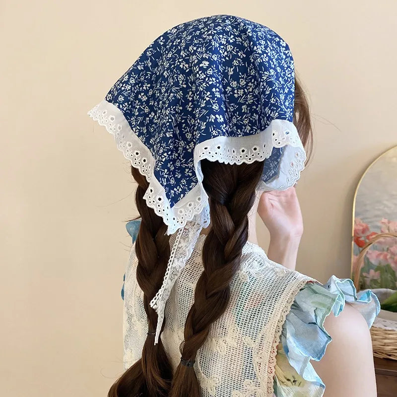 Knitted Lace Flower Hair Scarf – Boho Triangle Headband for Women Hair Styling