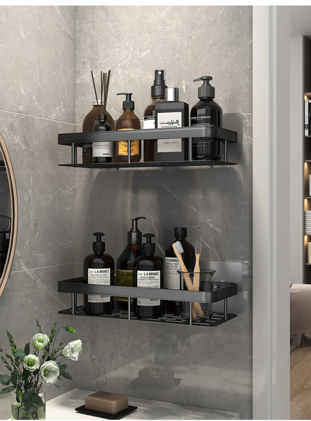 Adhesive Corner Shower Shelf – No Drill Wall Storage for Bathroom Organization