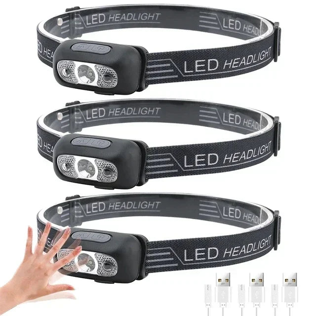USB Rechargeable LED Headlamp – Motion Sensor Flashlight for Outdoor Camping