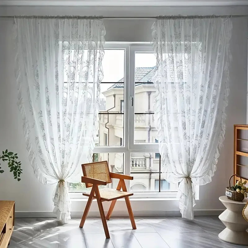 Floral Ruffled Tulle Curtain – Sheer Jacquard Lace Drapes for Living Room