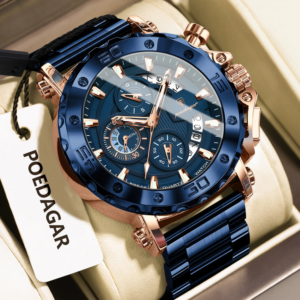 Stainless Steel Chronograph Watch – Luminous Waterproof Quartz for Men