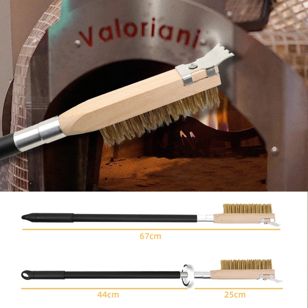 Brass Bristle Pizza Oven Brush – Long Wooden Handle for Kitchen Grill Cleaning