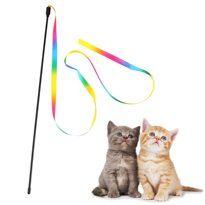 Rainbow Ribbon Cat Teaser Wand – Interactive Wand Toy for Feline Exercise