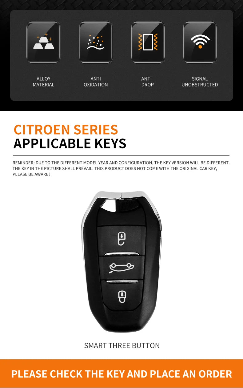 Zinc Alloy Leather Car Key Case – Protective Remote Cover for Citroen Models
