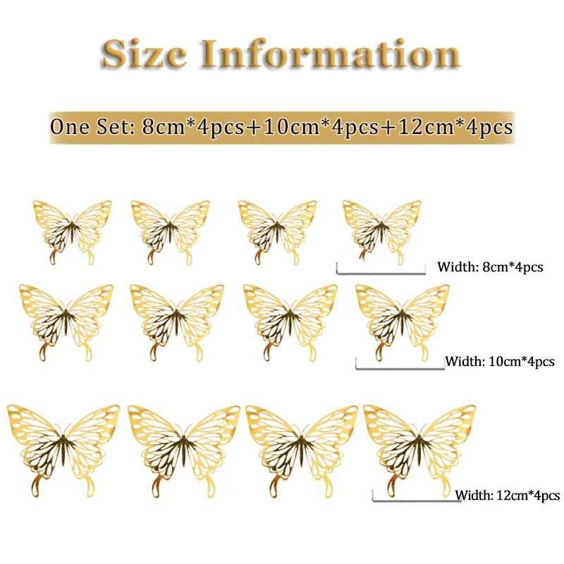 3D Hollow Butterfly Wall Decals – Metallic Gold and Silver Art for Home Decor