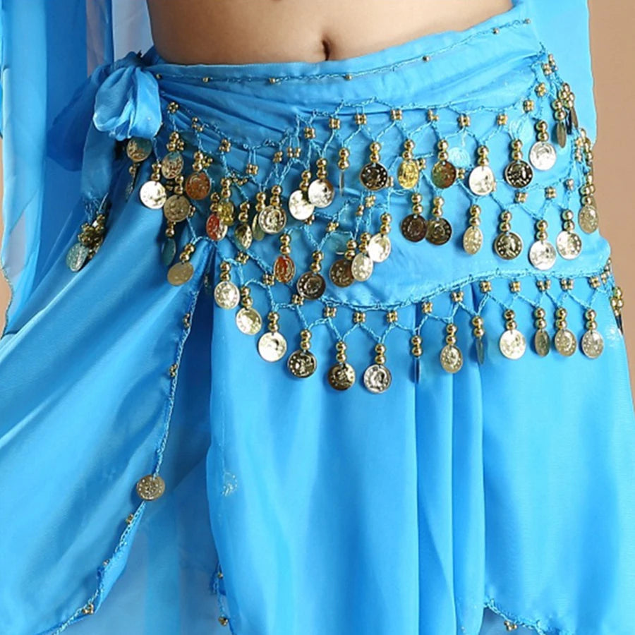 Blue chiffon belly dance hip scarf with gold coin accents, close-up detail