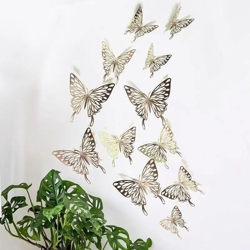 3D Hollow Butterfly Wall Decals – Metallic Gold and Silver Art for Home Decor