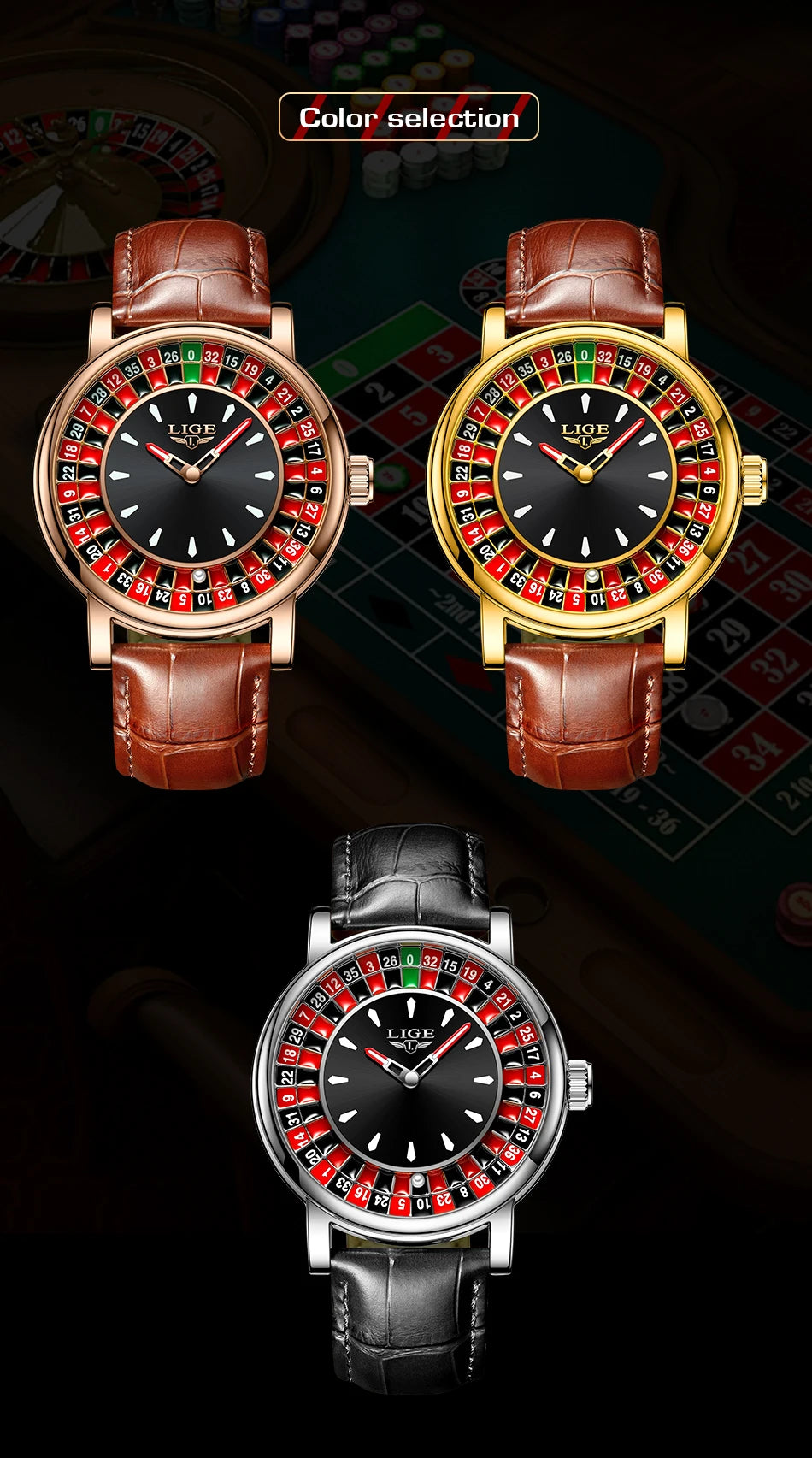 LIGE Roulette Quartz Watch – Luxury Leather Wristwatch for Men Gifts