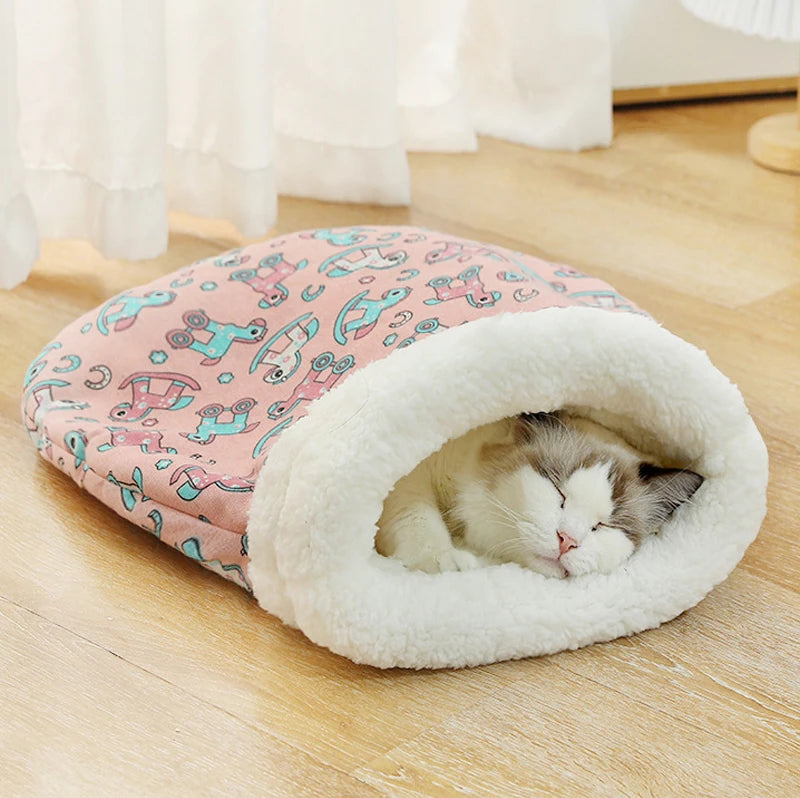 Plush Cat Sleeping Bag – Thickened Fluffy Nest for Winter Pet Comfort