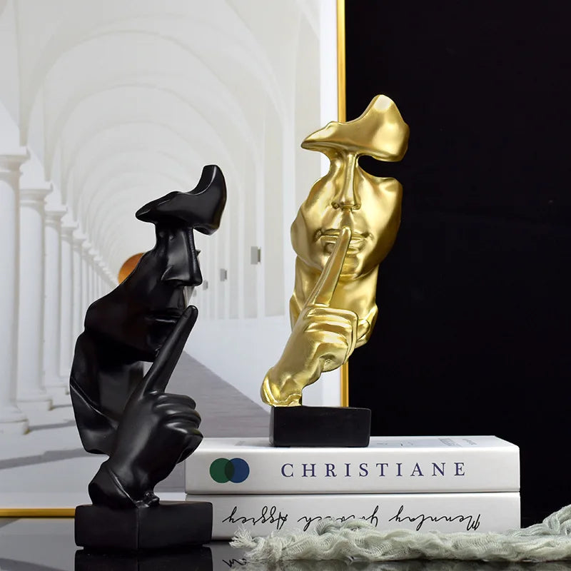 Abstract Thinker Resin Statue – Gold Silence Face Sculpture for Home Decor