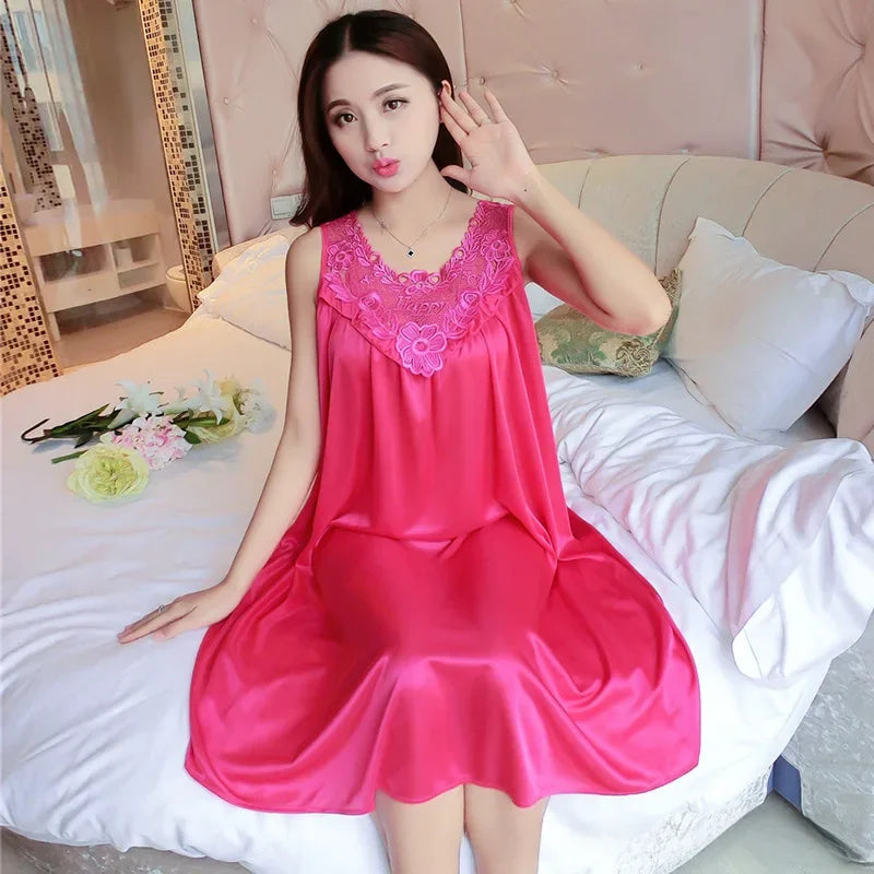 Ice Silk Sleep Dress – Plus Size Women's Tank Nightgown for Summer Housewear