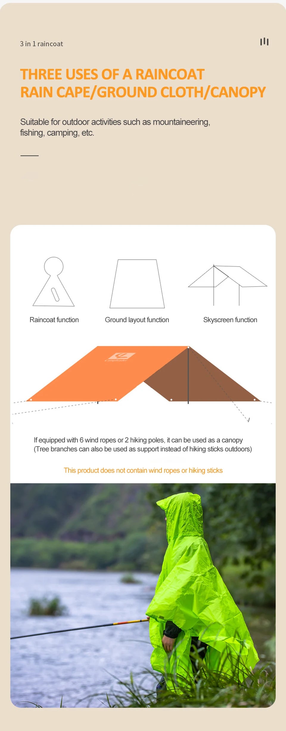 3-in-1 Waterproof Rain Poncho – Hooded Rainwear for Camping and Hiking