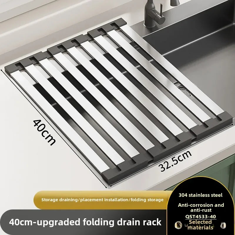 Stainless Steel Roll Up Drain Rack – Foldable Kitchen Dish Drying Basket