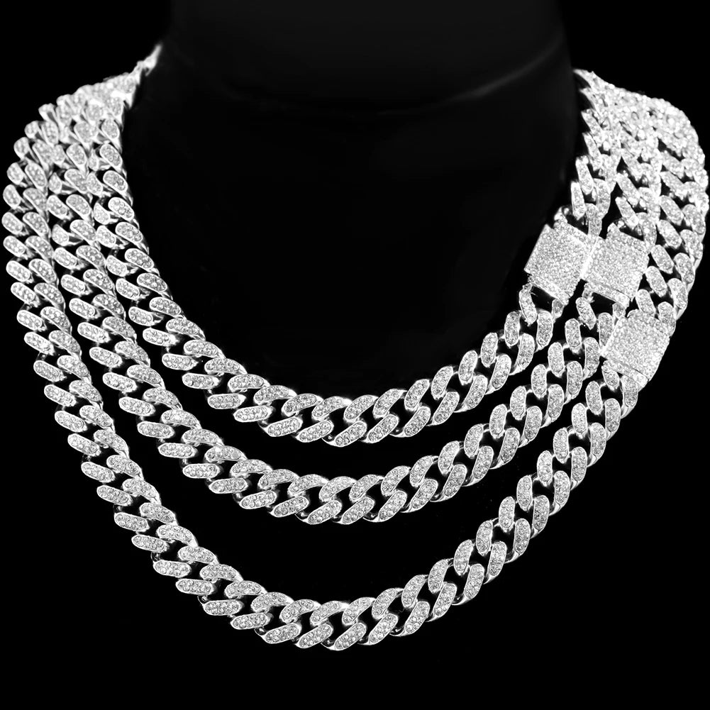 Iced Out Cuban Link Chain – AAA Rhinestone Men's Necklace for Hip Hop Jewelry