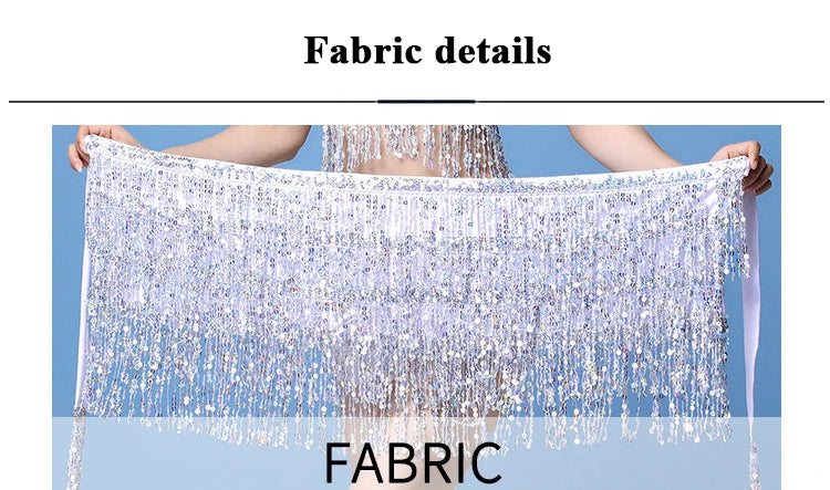 Hand holding a shimmering silver sequin fringe fabric panel for costumes or decor, blue background