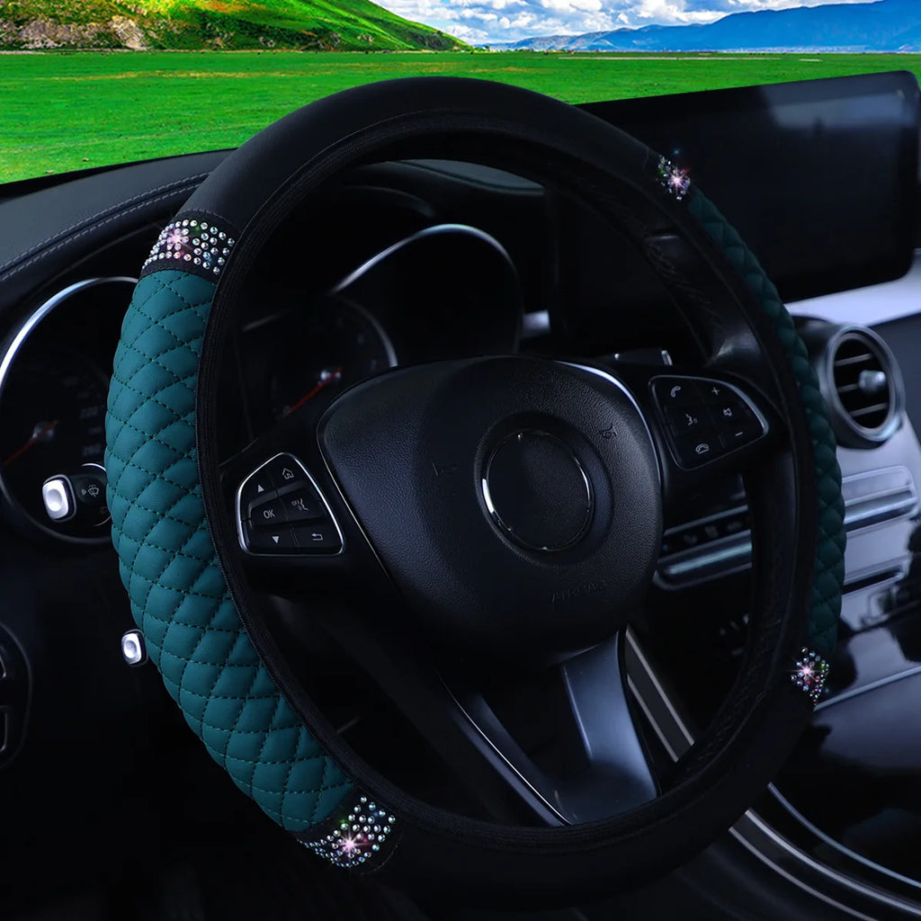 Embroidered Diamond Steering Wheel Cover – Universal Leather for Car Interior
