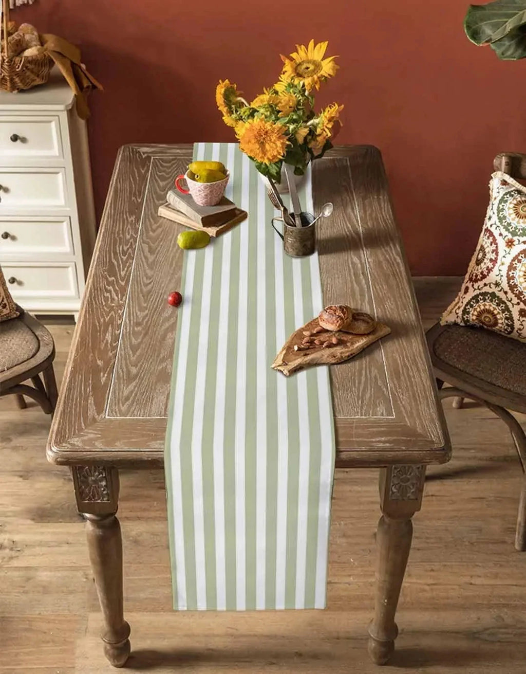 Sage Green Striped Table Runner – Minimalist Decor for Dining Room Tables