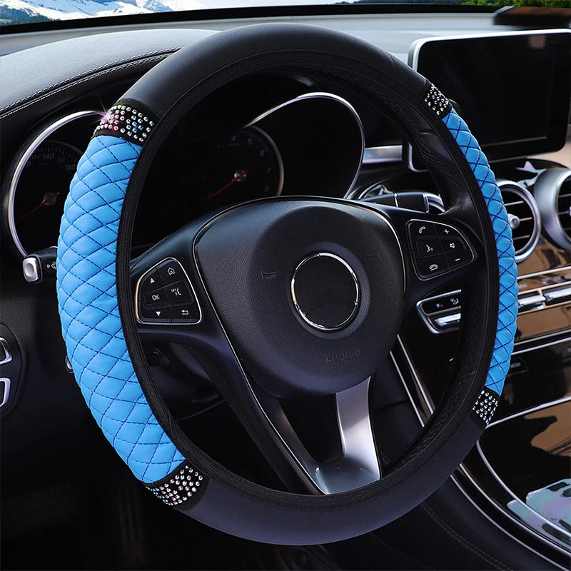 Embroidered Diamond Steering Wheel Cover – Universal Leather for Car Interior