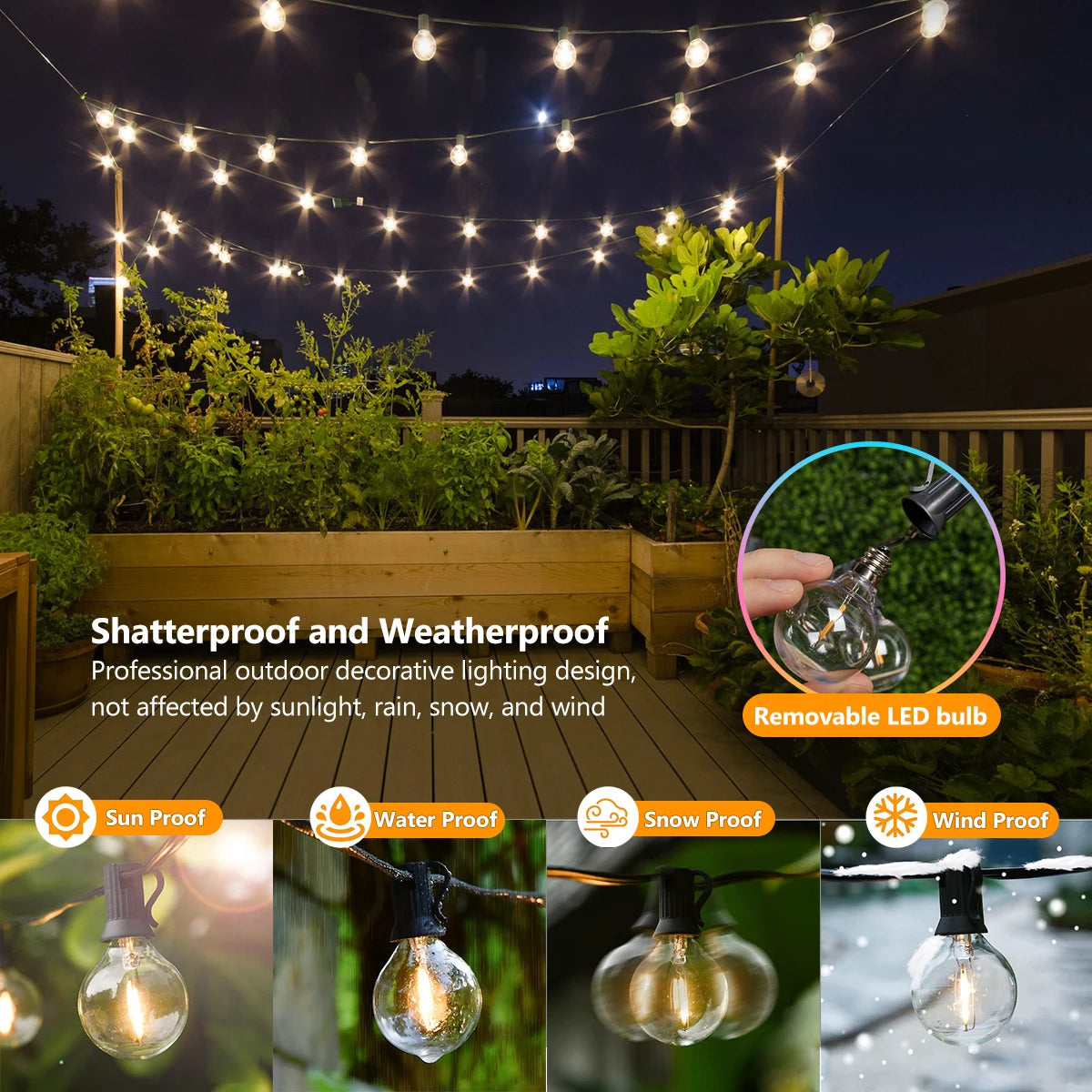 G40 Solar LED String Lights – Weatherproof Shatterproof Decor for Patio