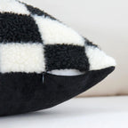 Black Faux Fur Throw Pillow Cover – Checked Wool Cushion for Sofa Decor