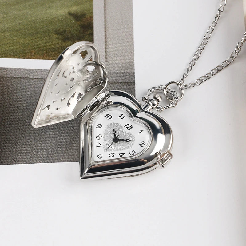 Silver Heart Pocket Watch Necklace – Exquisite Quartz Pendant for Women