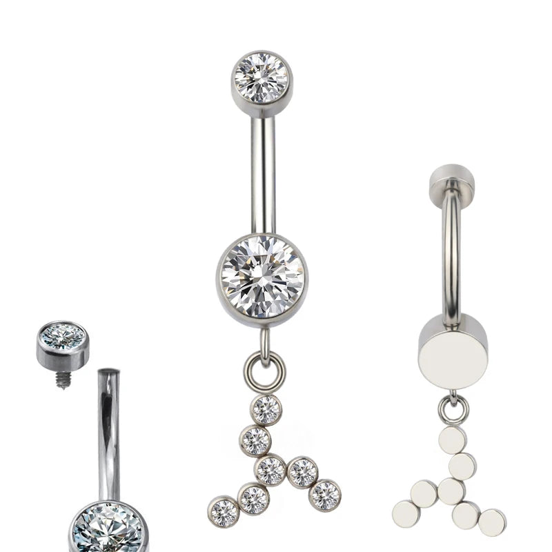 Silver belly button ring with clear crystal gems in geometric design, close-up views
