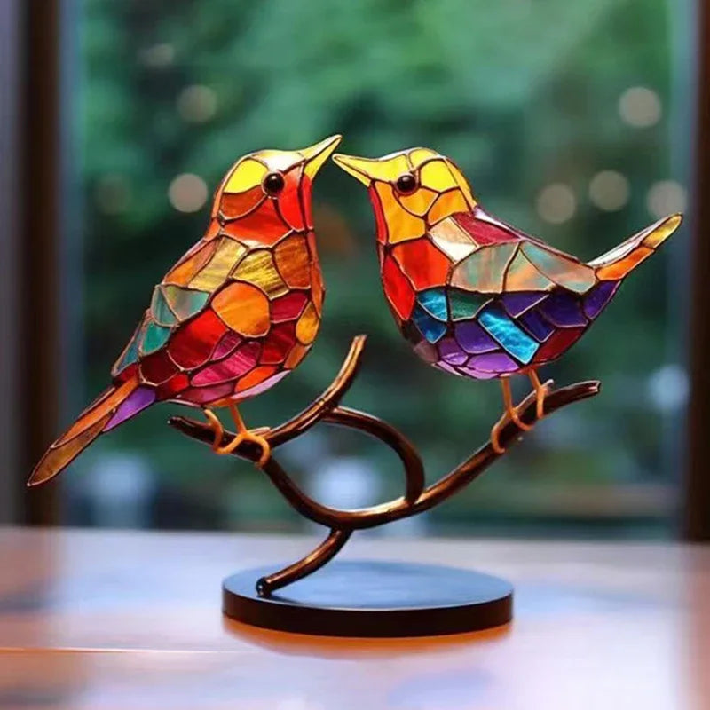 Stained Acrylic Bird Statue – Colorful 2D Branch Ornament for Home Decor