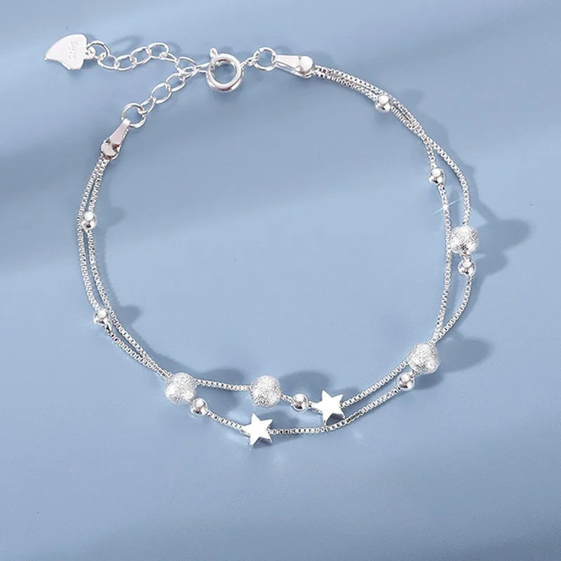 925 Sterling Silver Star Bracelet – Adjustable Double Layer for Party Jewelry