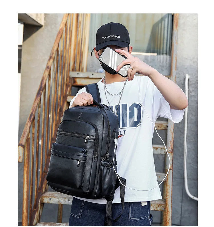 PU Leather USB Charging Laptop Backpack – Large Travel Bag for Men and Students