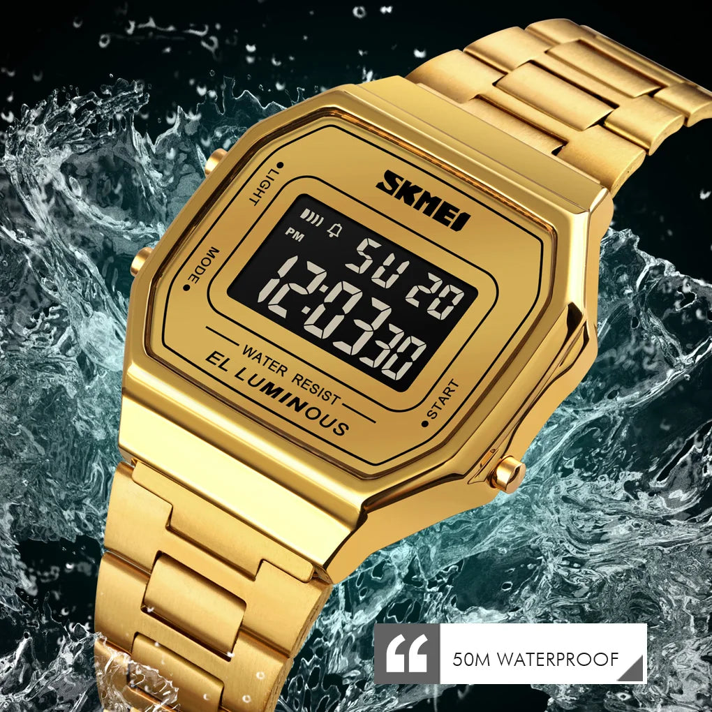 Retro LED Digital Watch – Stainless Steel Wristwatch for Men