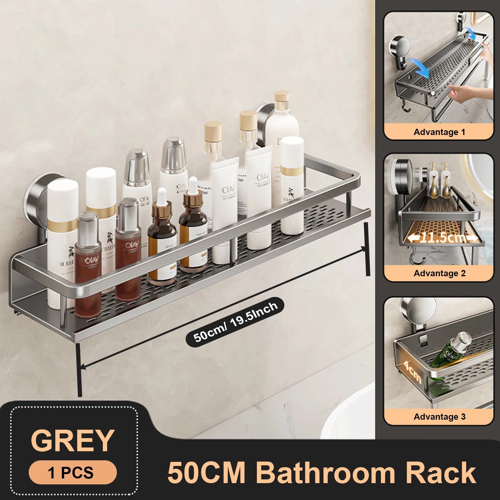 Aluminum Bathroom Shelf – No-Drill Suction Cup Organizer for Toilet Wall