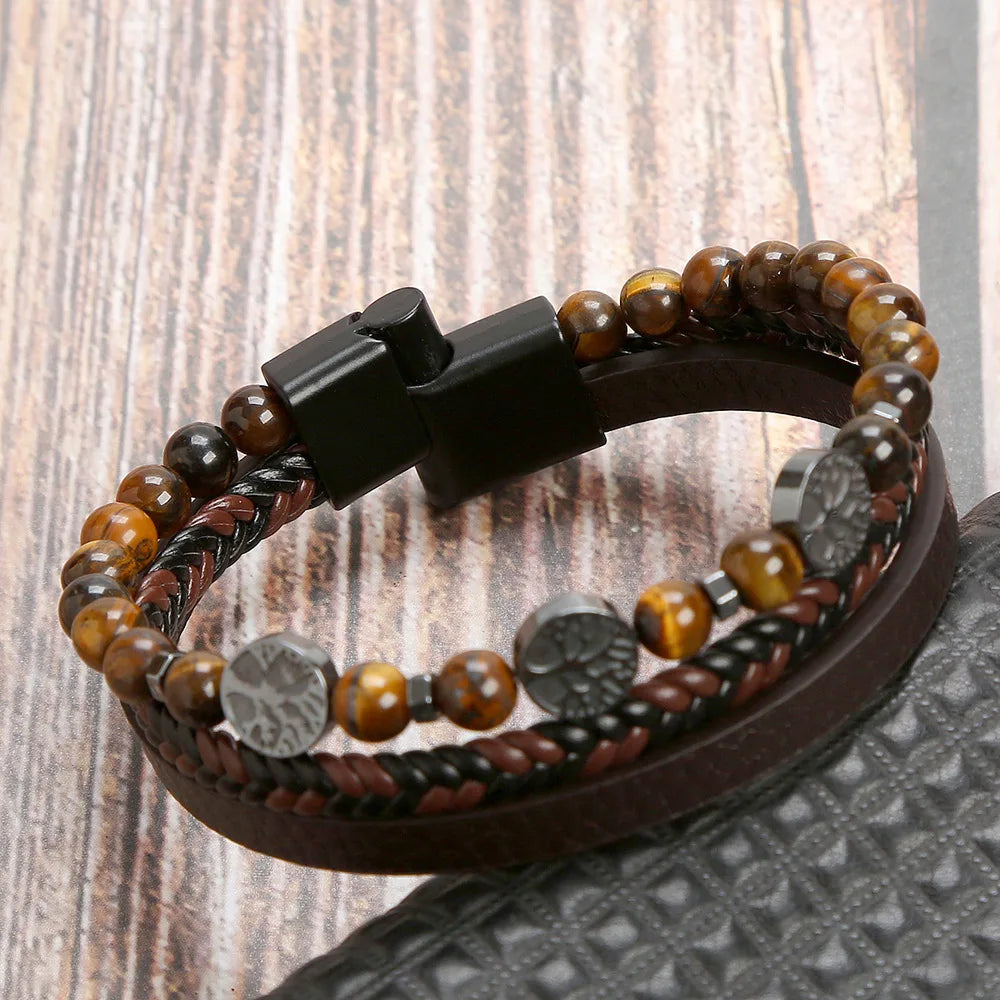 Tiger Eye Leather Bracelet – Multi-Layer Beaded Jewelry for Men