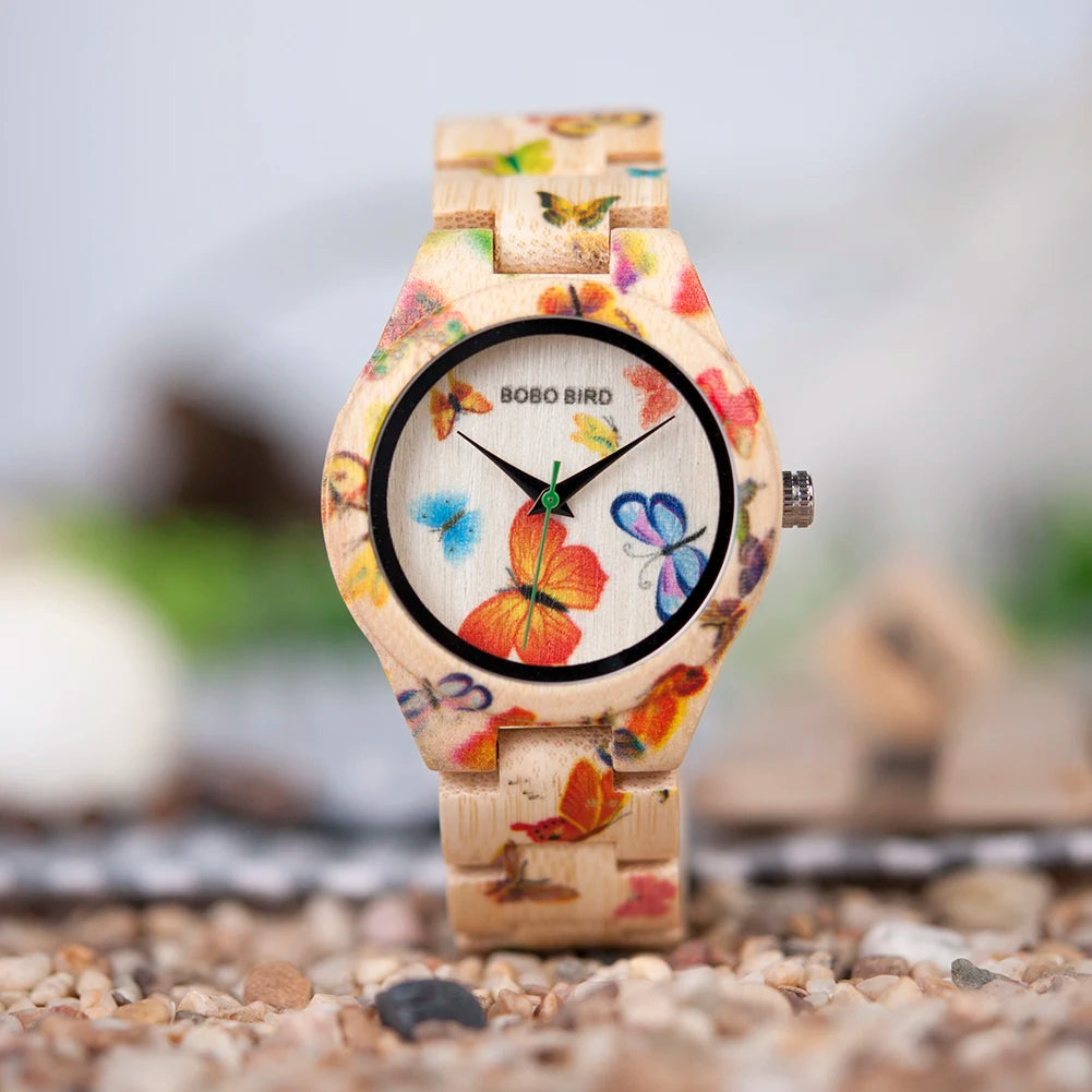 BOBO BIRD Wooden Women's Watch – Floral Engraved Handmade Quartz Wristwatch