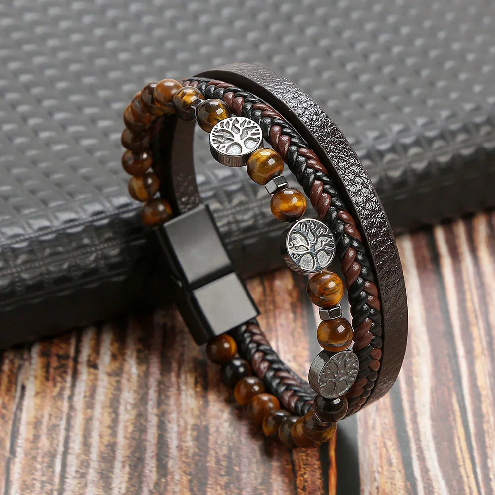 Tiger Eye Leather Bracelet – Multi-Layer Beaded Jewelry for Men
