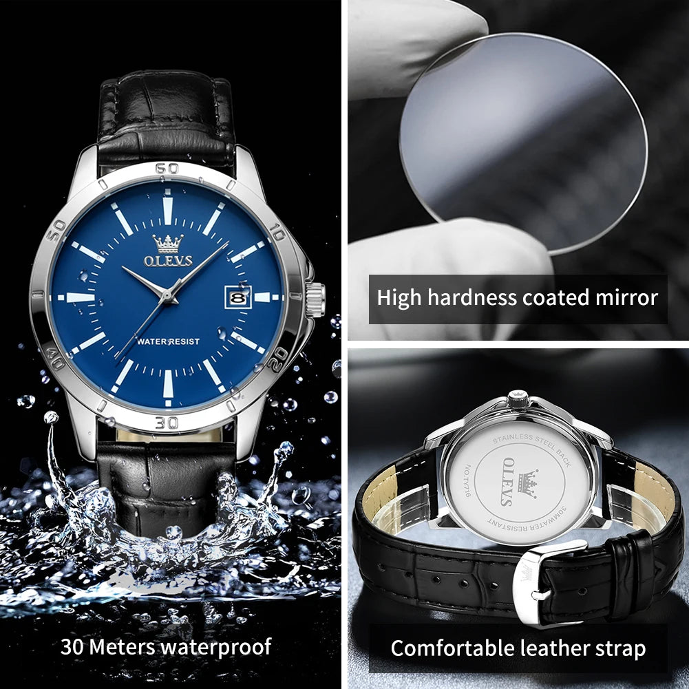 OLEVS Quartz Wristwatch – Leather Strap Classic Date for Men's Business