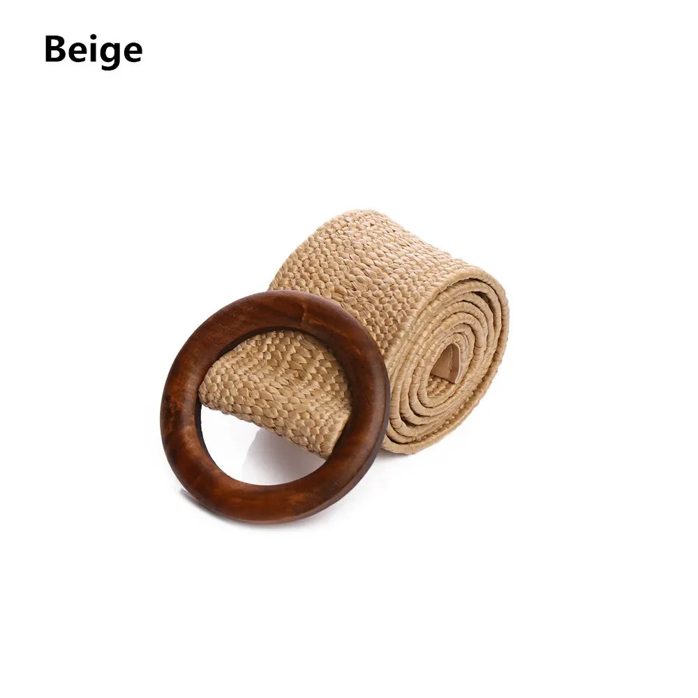 Woven Straw Waist Belt – Round Wooden Buckle for Summer Dress Accessories