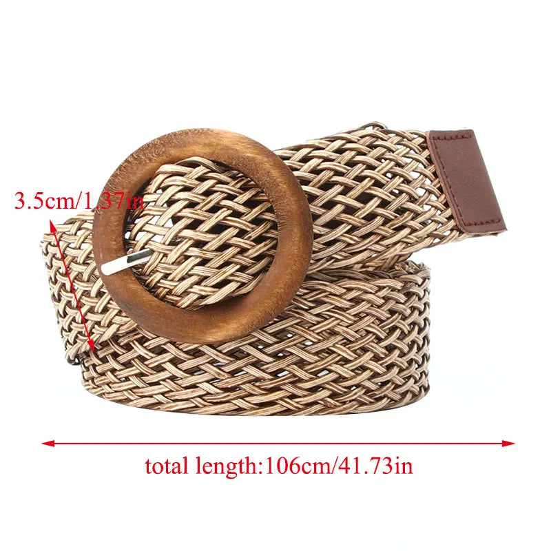 Braided Straw Waist Belt – Boho Wooden Buckle Accessory for Women