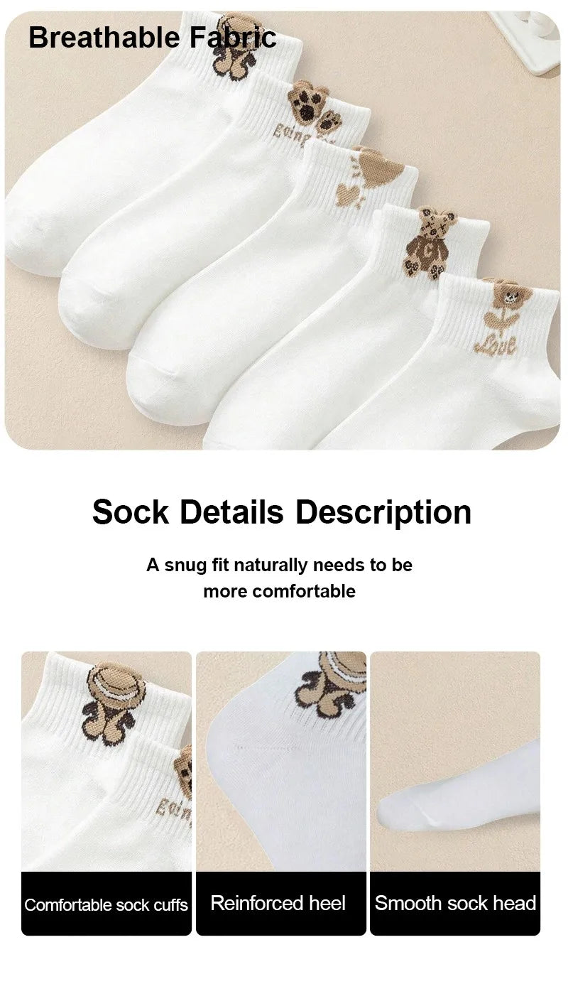 Cartoon Teddy Bear Ankle Socks – Breathable Cotton Casual Footwear for Women