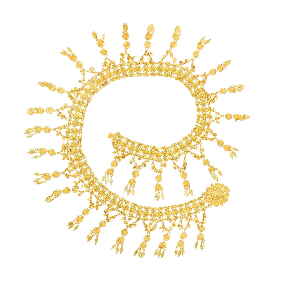 Intricate gold anklet with leaf-shaped dangles and floral patterns on a white background