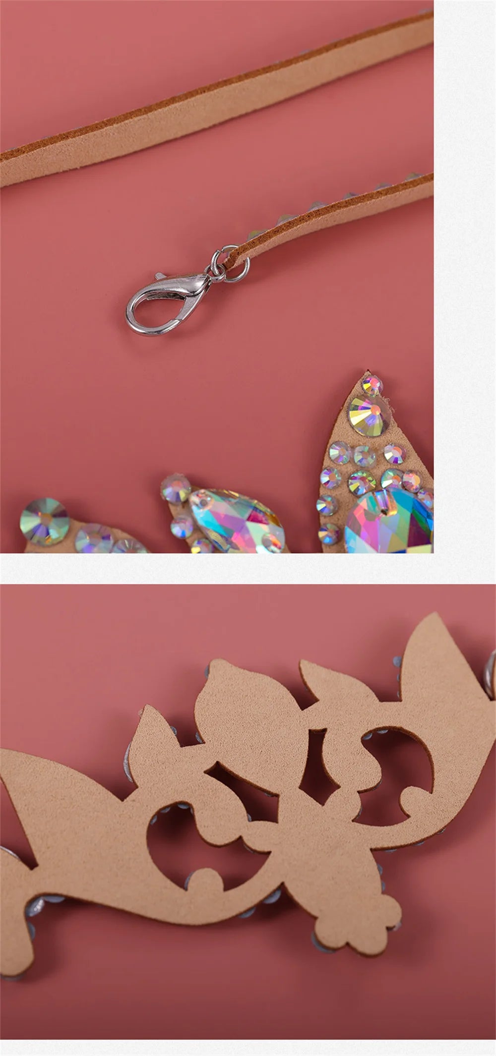 Close-up of a tan faux leather strap with silver clasp and bejeweled cutout leaf design.