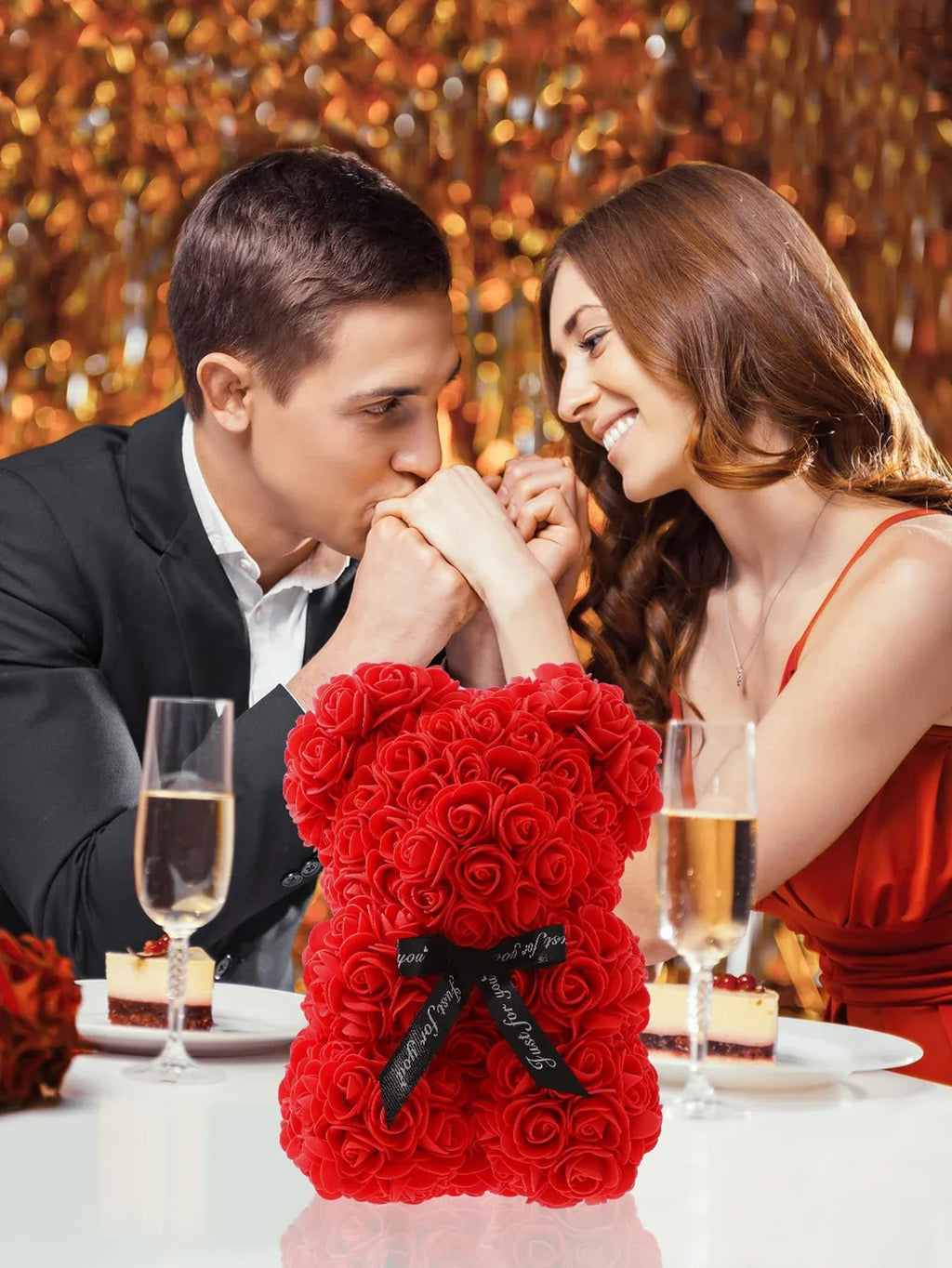 Artificial Rose Teddy Bear – 25cm Flower Figurine for Anniversary Gifts