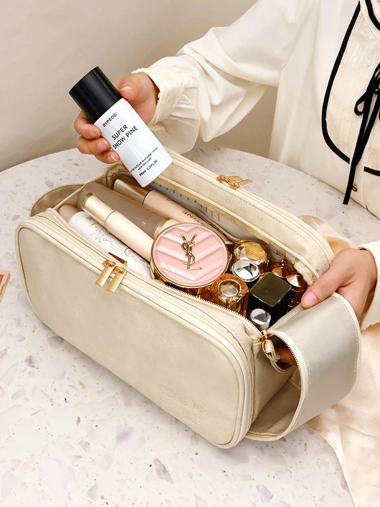 Large PU Leather Makeup Bag – Double Zipper Organizer for Travel Toiletries